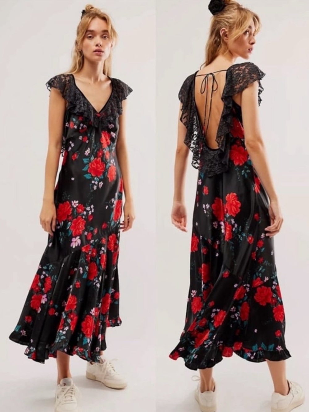Free People Warm Hearts Midi Dress Black Satin Floral Print with lace trim